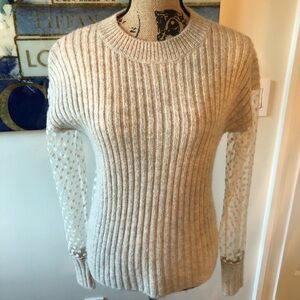 See By Chloe Cream Ribbed Sweater with Sheer Lace Sleeves